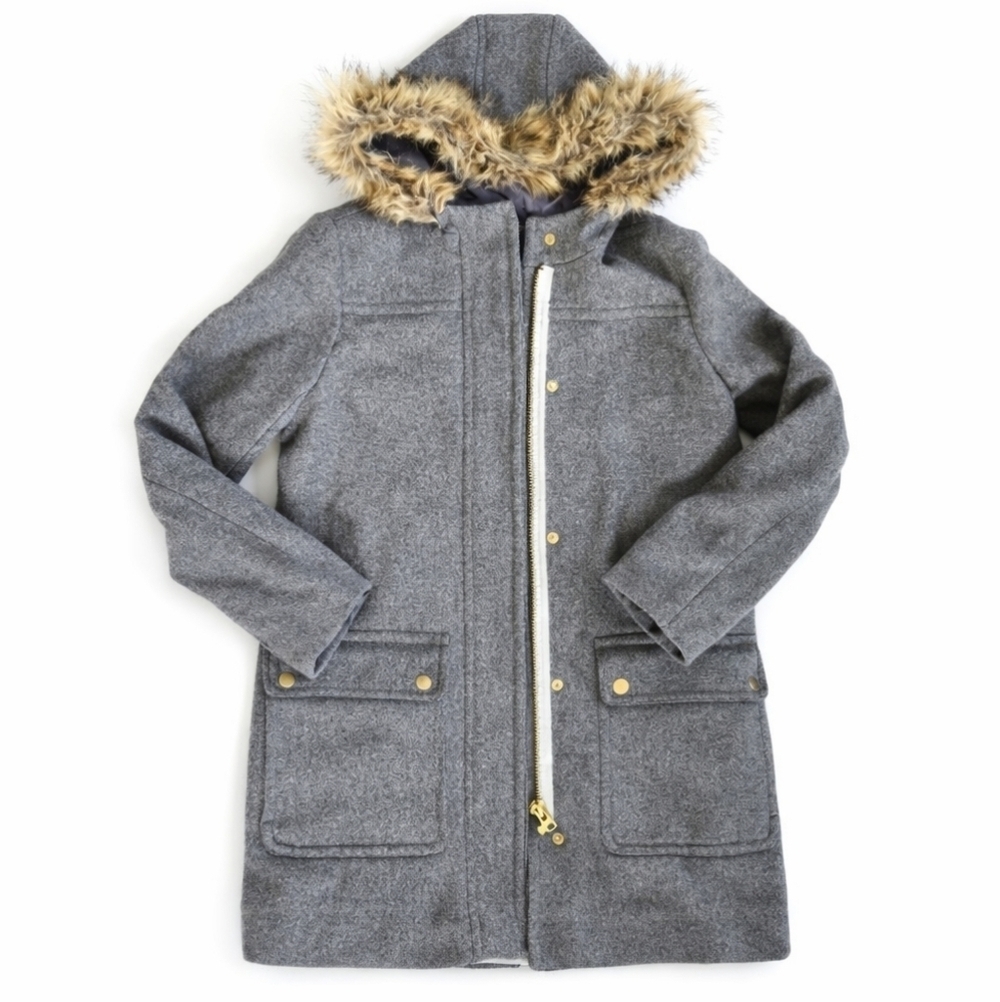 J.Crew Parka Jacket Women's Gray Wool Blend Faux Fur Trim Hooded Full Zip sz 4